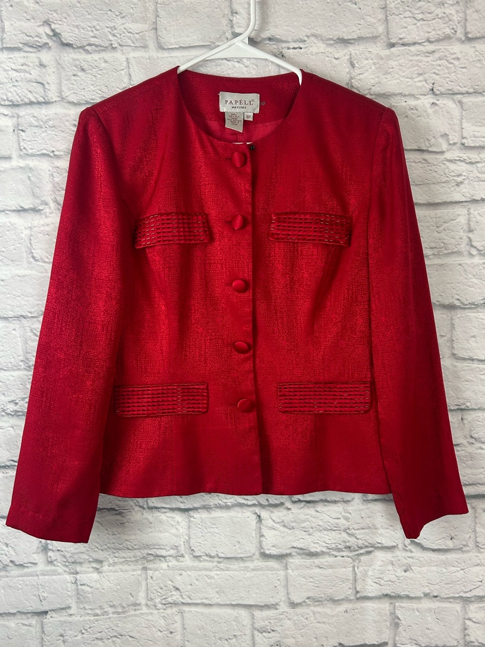 Papell Petites Red 100% Silk Beaded Jacket Blazer Size 8P